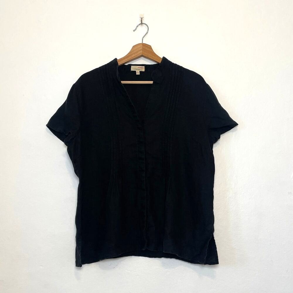 Vintage – Black Pleated Button Down Short Sleeve Linen Blouse